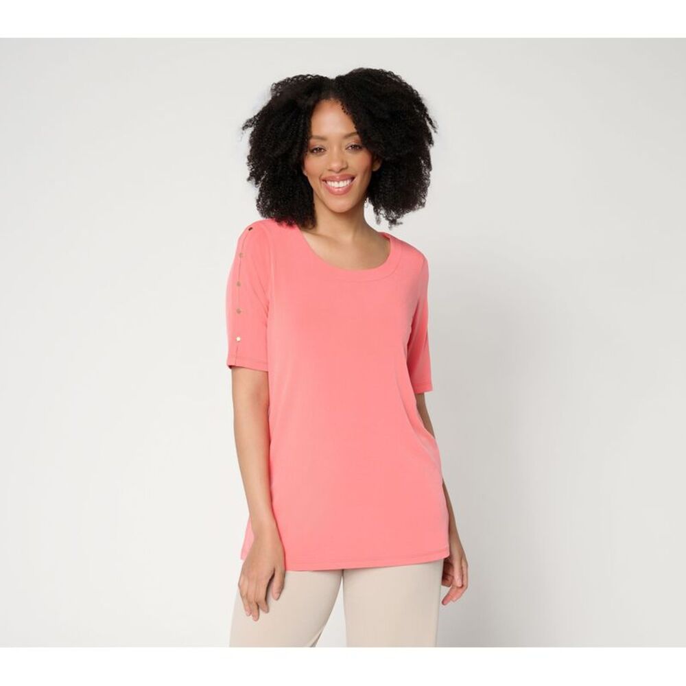 Susan Graver Women's Top Sz S Liquid Knit Elbow-Sleeve Tunic Pink A393727